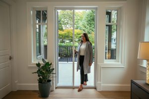 A woman standing by an open door looking outside.